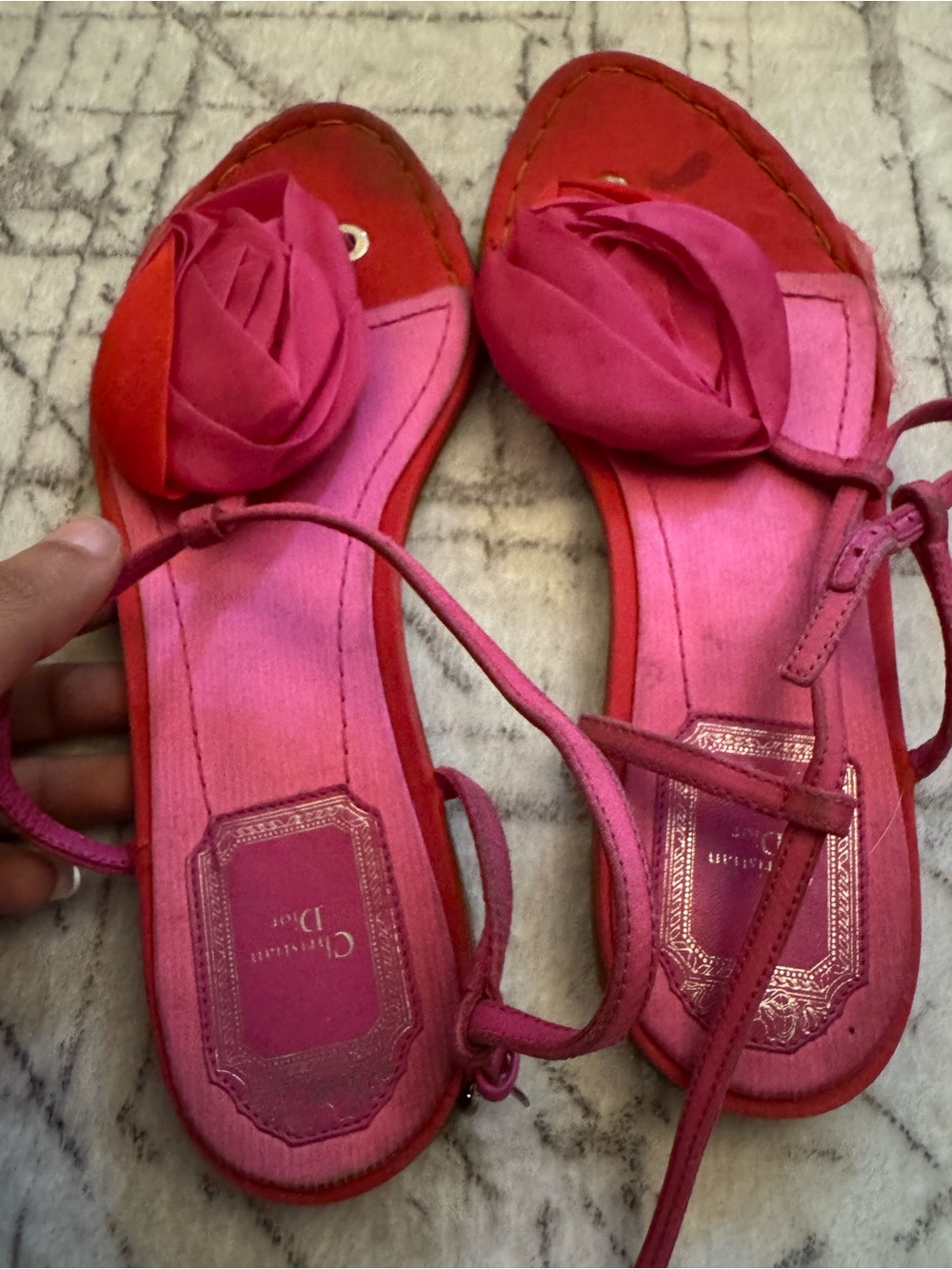 Dior Pink and Red Floral Suede Women's Sandals